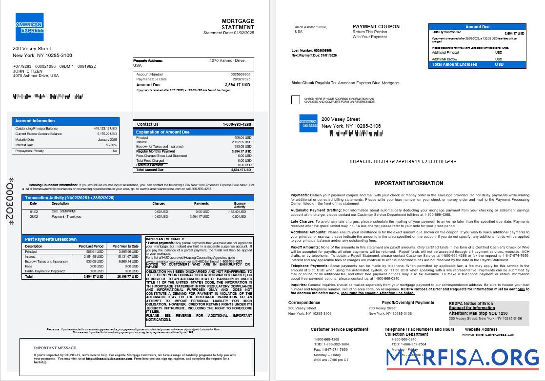 Printable USA New York American Express Blue bank mortgage statement in Word and PDF formats 1 2 template